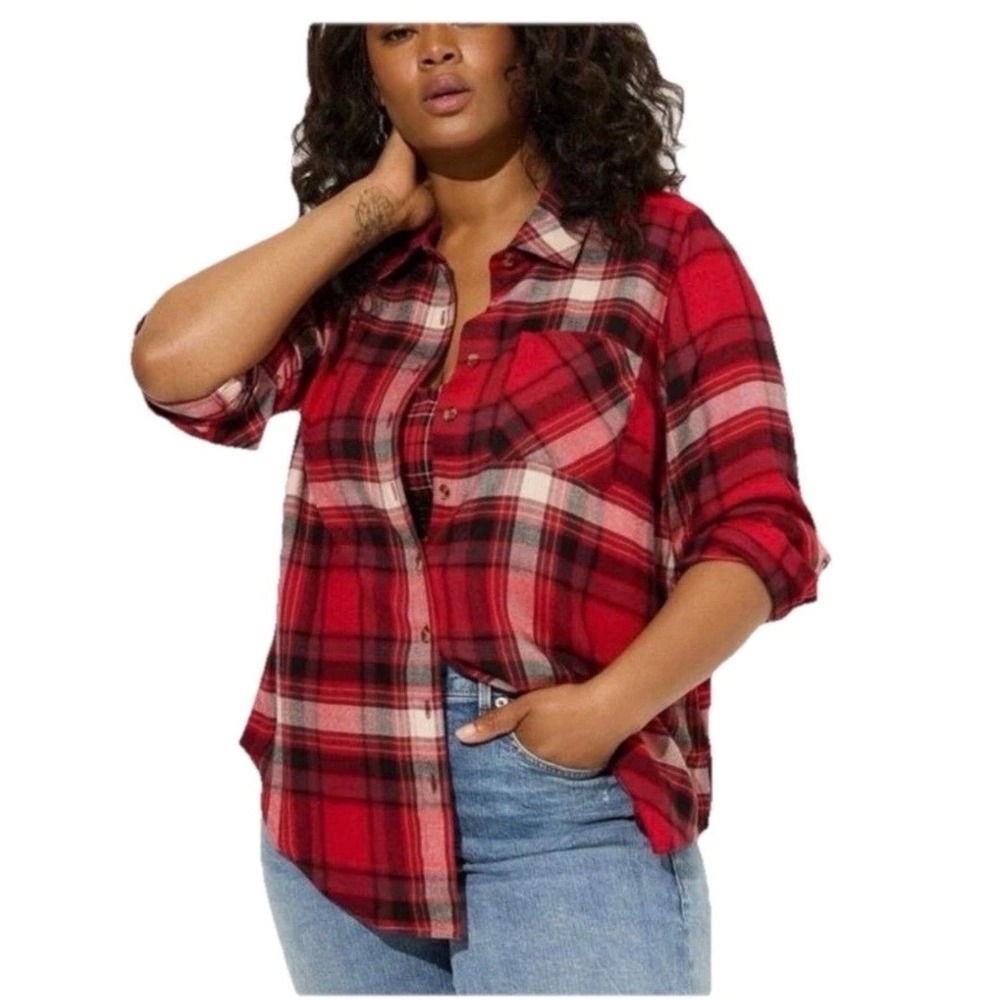 Torrid Lizzie Plaid Button Up Shirt Red Black Soft‎ Long Sleeve Pocket Blouse 2X